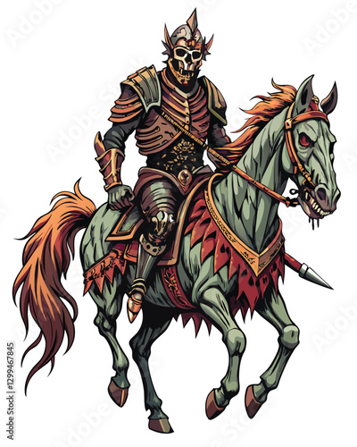 A decaying, medieval knight astride a skeletal steed, rendered in a vintage woodcut style, monochrome, detailed textures, dramatic lighting.