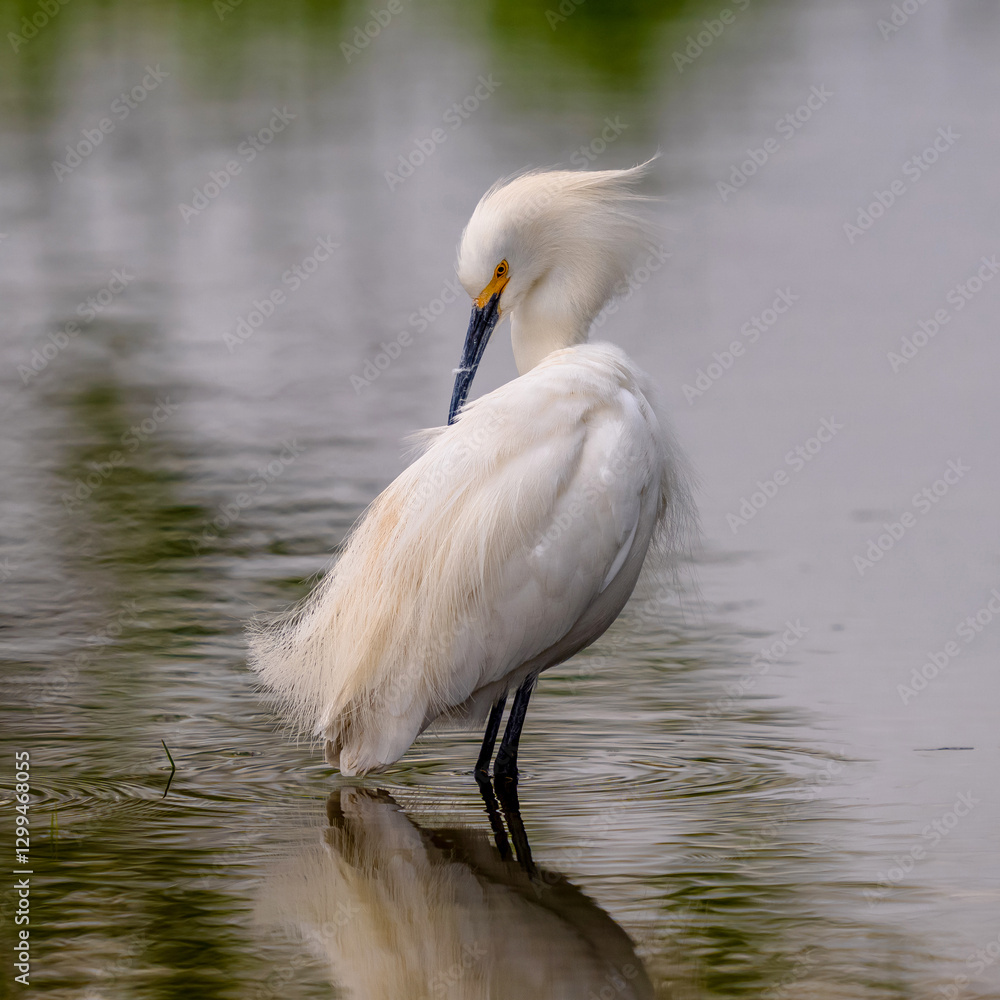 A Snowy Egret close up grooming in a tranquil pond during its breeding season. A Snowy Egret close up grooming in a tranquil pond during its breeding season.