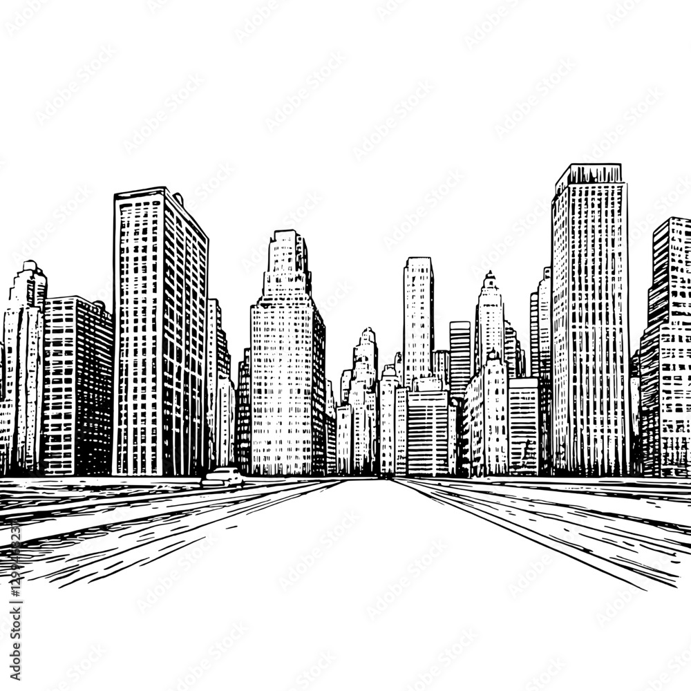 Obraz premium Impressive skyline view showcasing towering skyscrapers along a serene thoroughfare in a bustling urban setting