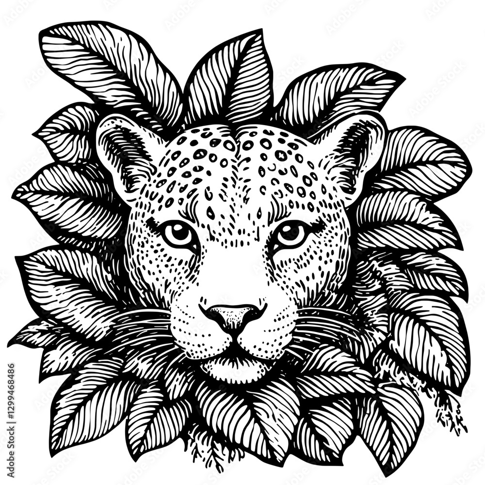 Obraz premium Leopard head surrounded by lush leaves in a detailed black and white illustration