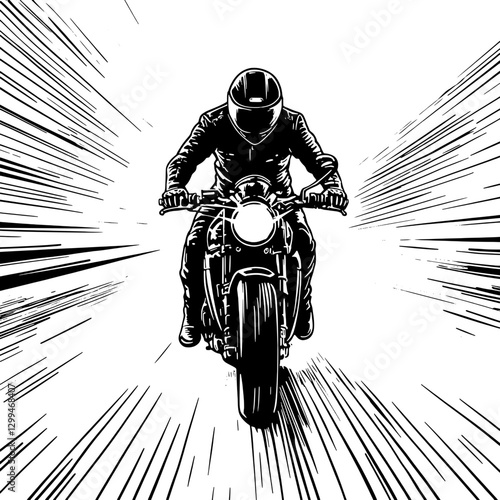 Rider accelerates on a motorcycle through a dynamic burst of motion lines showcasing speed and excitement