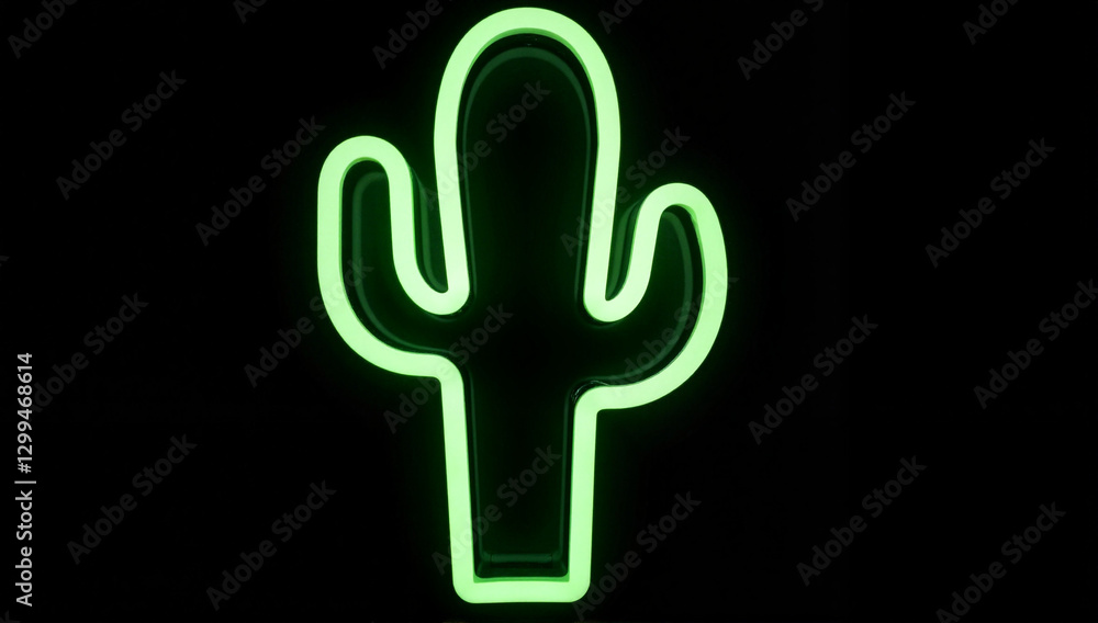 Fototapeta premium Neon cactus silhouette on solid black background, modern decor
