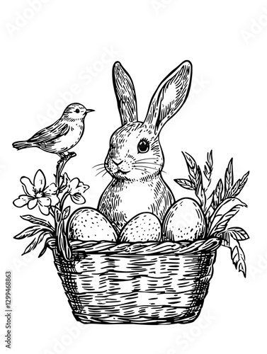 Easter bunny with eggs and a bird in a decorative basket surrounded by spring flowers