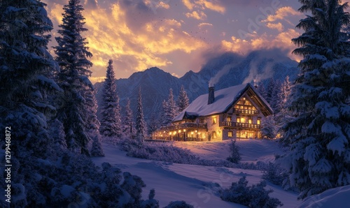 Wallpaper Mural Scenic mountain lodge glowing warmly at dusk, surrounded by pine trees covered in fresh snow. Warm tones evoke coziness, Torontodigital.ca