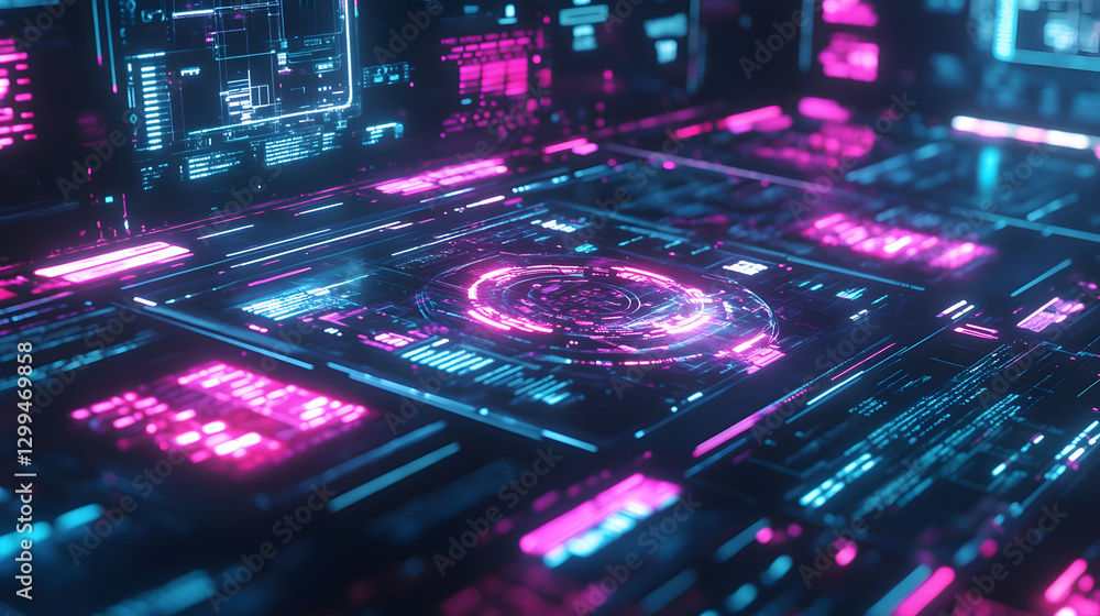Fototapeta premium A futuristic AI system controlling neon-lit holograms, surrounded by real-time data and machine learning algorithms.