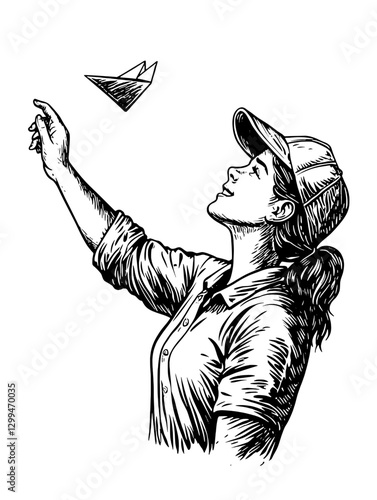 Woman launching a paper airplane in a casual setting during daylight outdoors