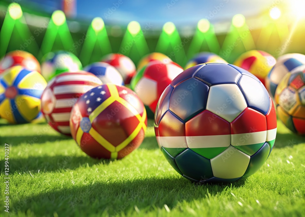 Fototapeta premium Colorful Soccer Balls with National Flags on Lush Green Field - Stock Photo