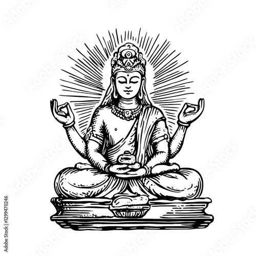 Majestic representation of a peaceful deity seated in meditation pose with multiple arms and glowing aura