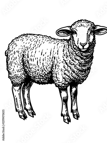 Sheep standing on a pasture showing its fluffy wool coat and calm expression during daytime by a farm