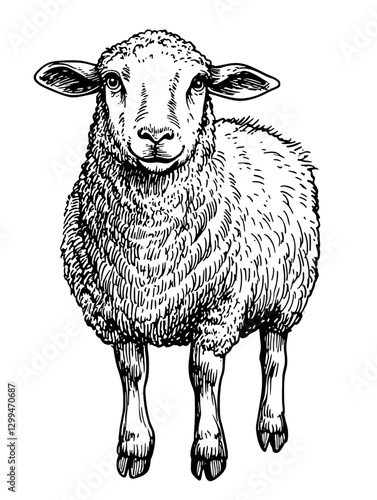 Detailed illustration of a sheep standing in a natural setting with a focus on its wool and features