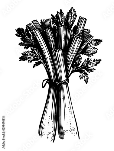 Freshly harvested celery bunch with vibrant green leaves tied together in a rustic style