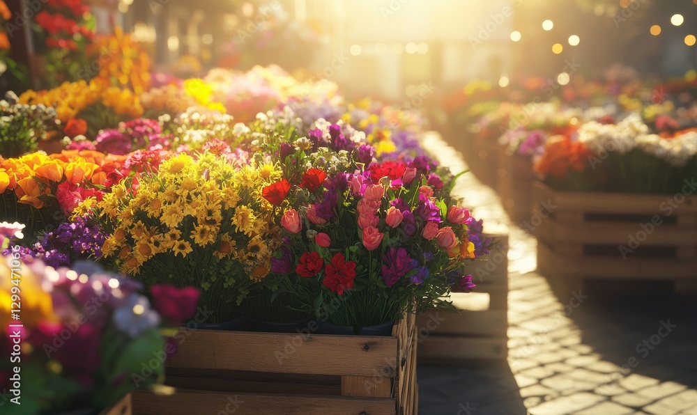 Obraz premium Vibrant flower market with colorful bouquets displayed in wooden crates, bright sunlight adding warmth and clarity, evoking joy and abundance,