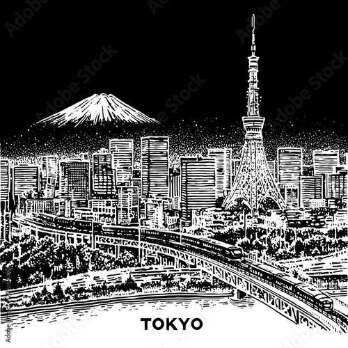 Tokyo skyline view featuring Mount Fuji and the iconic tower at night with a train passing by