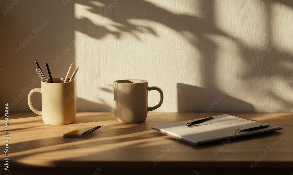 Minimalist desk scene with neutral-toned ceramic mugs and stationery, illuminated by soft natural light for a calm and productive workspace. Minimalist desk scene with neutral-toned ceramic mugs and stationery, illuminated by soft natural light for a calm and productive workspace.