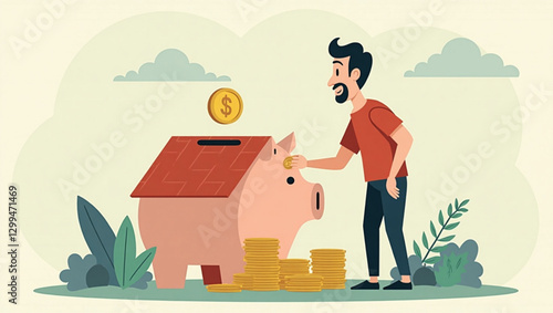 Saving for the American Dream: Determined Man Putting Coins into House-Shaped Piggy Bank