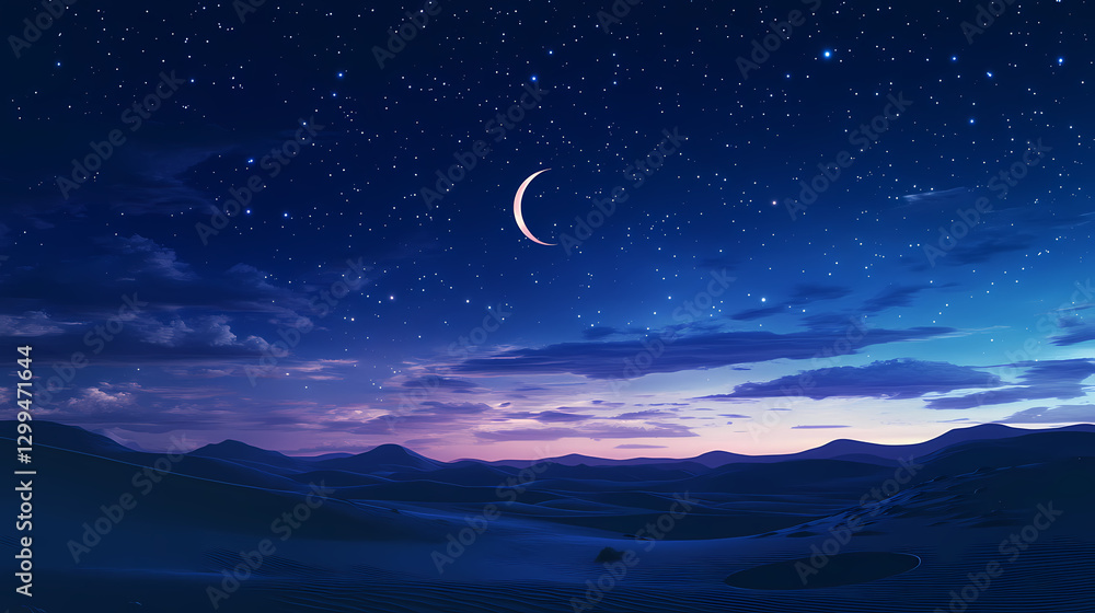 A starry night sky with a crescent moon and clouds. Silence - Desert. Illustration A starry night sky with a crescent moon and clouds. Silence - Desert. Illustration