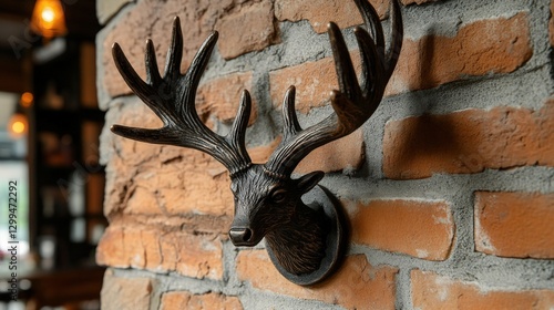 Decorative cast iron hook shaped like deer antlers on rustic brick wall photo