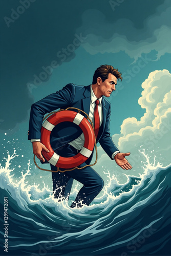 Struggling businessman in a stormy sea, reaching for a life preserver to survive business challenges