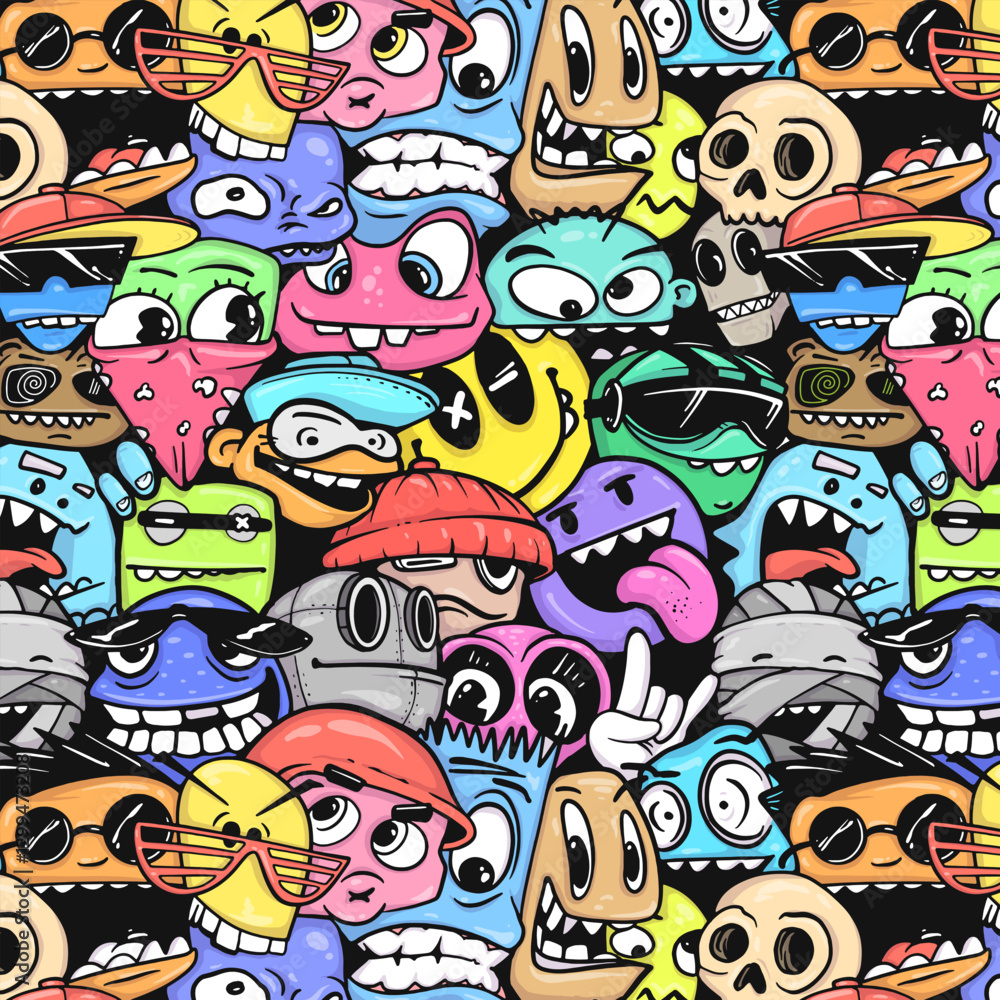 Abstract Graffiti Style Seamless Pattern with Monster Faces for T-Shirt Design, Textile, Banner Abstract Graffiti Style Seamless Pattern with Monster Faces for T-Shirt Design, Textile, Banner