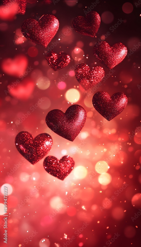 Glittering red hearts floating against a beautiful and blurred background Glittering red hearts floating against a beautiful and blurred background