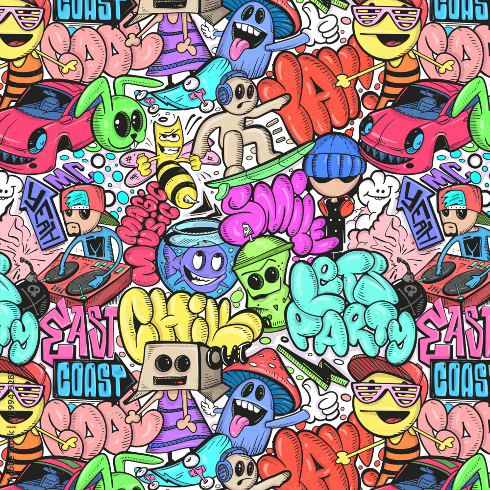 Fototapeta premium Abstract seamless comics graffiti pattern. T-shirt design, textile, banner.