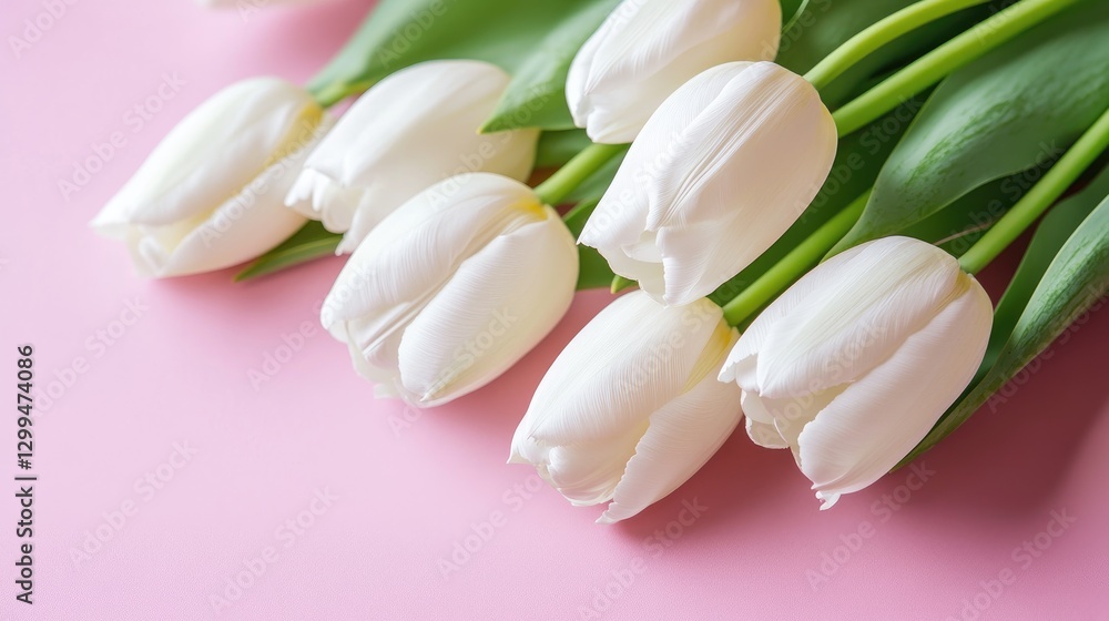 Obraz premium A single elegant bouquet of tulips resting on a pastel pink backdrop, radiating floral charm.