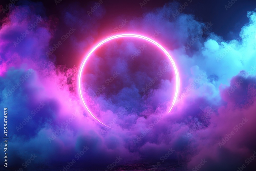 Glowing neon circle hovers within a vibrant and cloudy space Glowing neon circle hovers within a vibrant and cloudy space