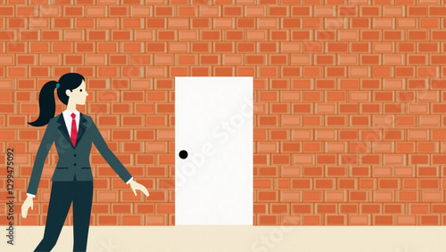 Woman Facing Brick Wall Blocking Open Door, Concept of Business Challenges and Obstacles