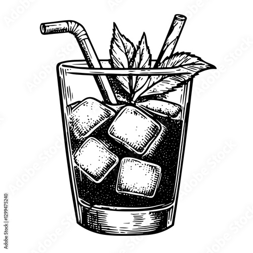 Refreshing cold beverage served in a glass with ice cubes and mint leaves on a sunny day