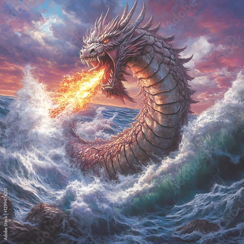 Sea Serpent Fire Breath Ocean Sunset