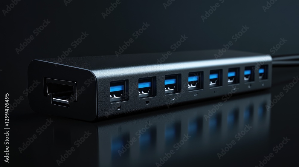 A USB power plug with multiple ports, displayed on a sleek modern black surface with reflections. A USB power plug with multiple ports, displayed on a sleek modern black surface with reflections.