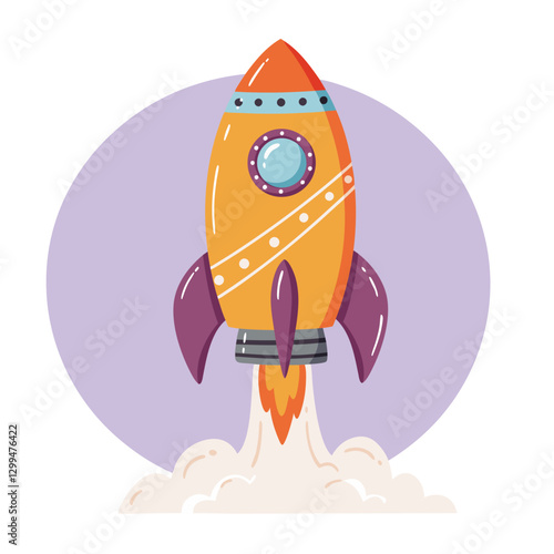 Colorful Space rocket cartoon vector illustration for kids against soft purple circle isolated on white. Cartoon kids illustration
