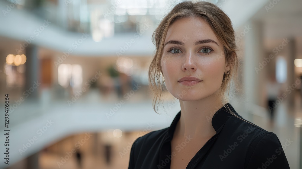 Obraz premium Confident Young Woman in Modern Shopping Mall Setting