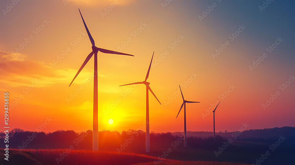 Vibrant sunset over wind turbines with energy impact statistics illustrating the transition to renewable sources and sustainable landscapes. Energy - Fire. Illustration Vibrant sunset over wind turbines with energy impact statistics illustrating the transition to renewable sources and sustainable landscapes. Energy - Fire. Illustration