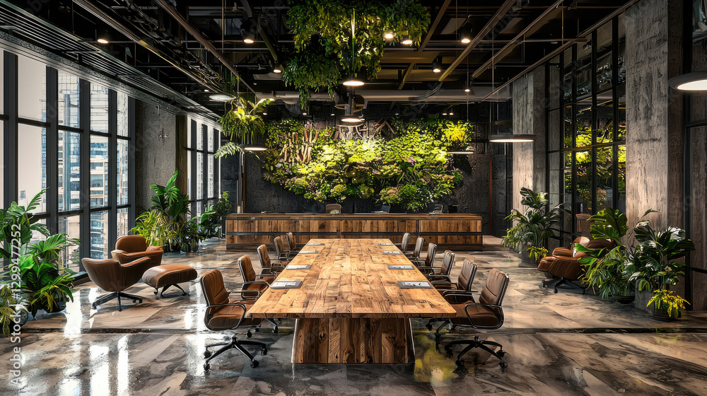 Modern conference room with a large wooden table, surrounded by greenery and urban skyline views Modern conference room with a large wooden table, surrounded by greenery and urban skyline views
