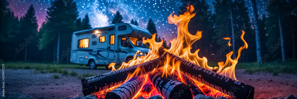 bonfire on a summer meadow with a river at night, motorhome in the background
bonfire on a summer meadow with a river at night, motorhome in the background