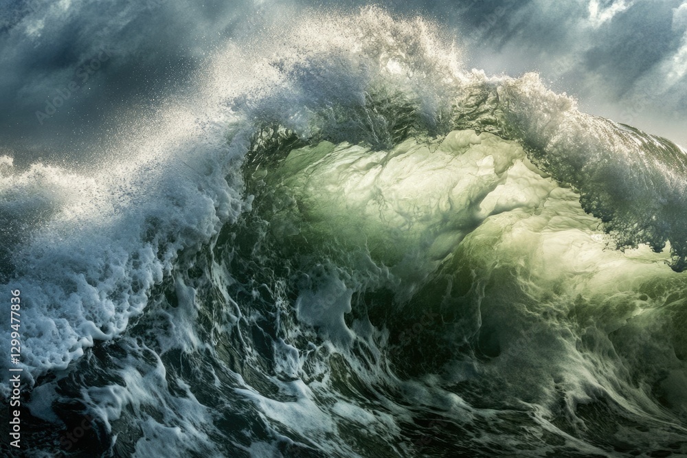 Fototapeta premium A powerful, dramatic ocean wave crashes, showcasing its intense energy and turbulent beauty.