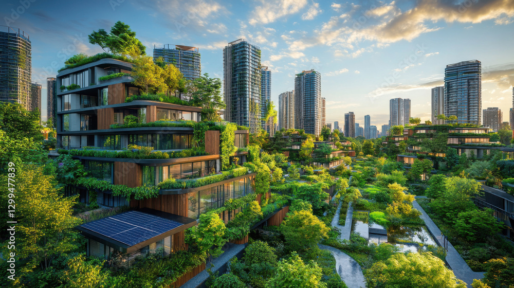 Fototapeta premium Future city skyline. Green buildings growing. Sustainable architecture with trees and solar panels. Urban landscape showing nature and modern buildings. Cityscape aerial view.