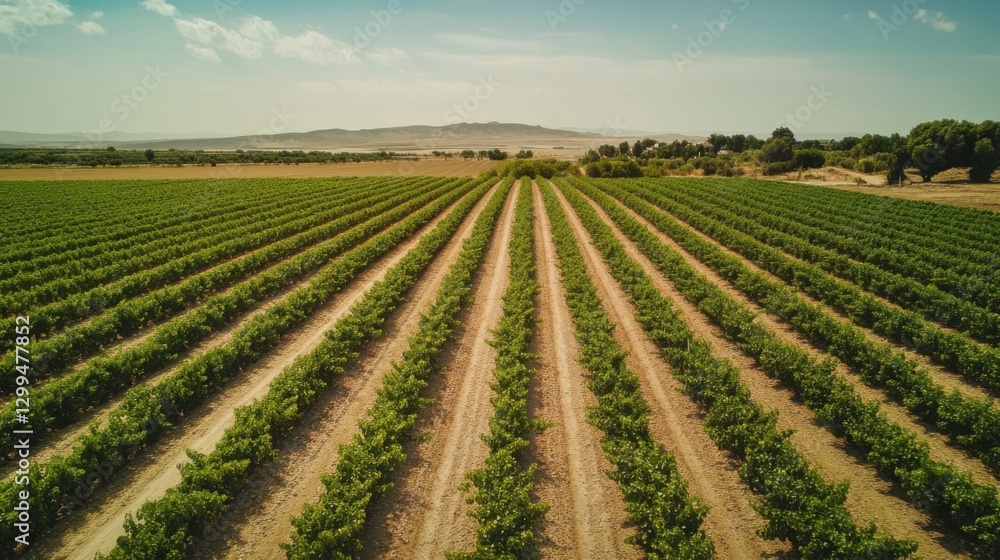 Vineyard landscape view from above. Rows of green plants in field. Farmland with mountain in the background on a sunny day. Rural area with trees. Vineyard landscape view from above. Rows of green plants in field. Farmland with mountain in the background on a sunny day. Rural area with trees.