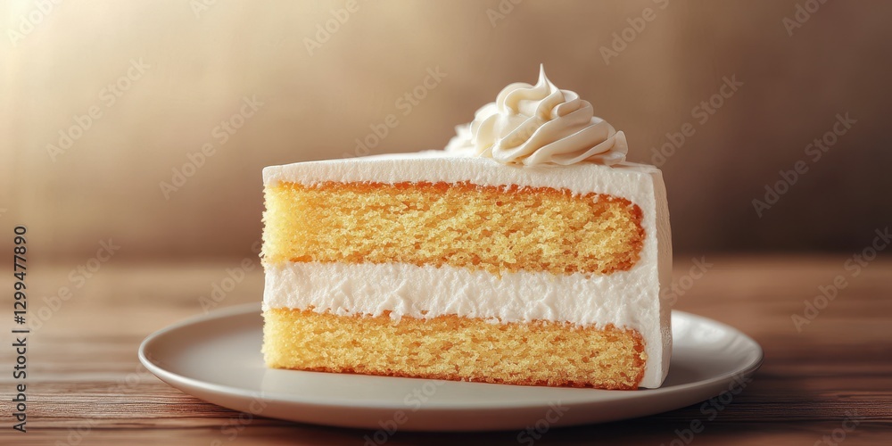 Delicious slice of vanilla cake with creamy frosting on a simple plate in warm, inviting light Delicious slice of vanilla cake with creamy frosting on a simple plate in warm, inviting light