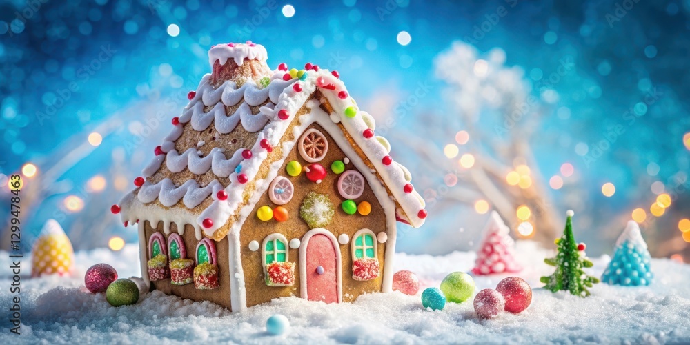 Colorful gingerbread house covered in white frosting with gumdrops and candy canes , winter wonderland, treats Colorful gingerbread house covered in white frosting with gumdrops and candy canes , winter wonderland, treats