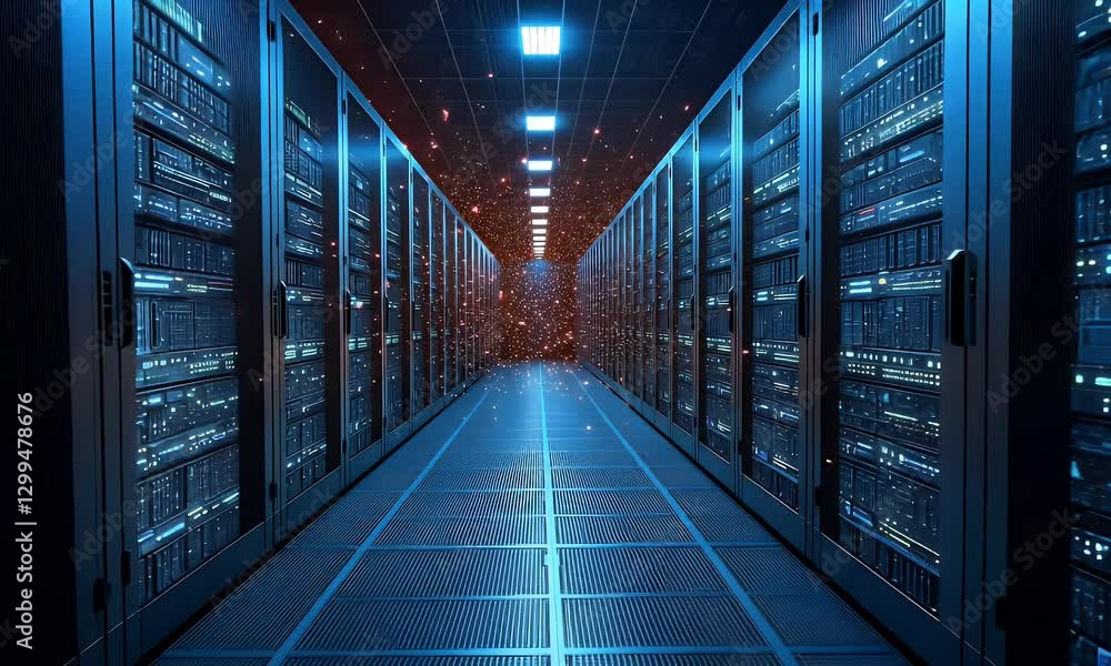 A brightly lit server room with rows of computers and a star-like ceiling design. A brightly lit server room with rows of computers and a star-like ceiling design.