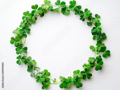 Green clover leaves are arranged along the edges of the image, forming a frame around a bright empty space in the center. The leaves have the characteristic shape of three petals.