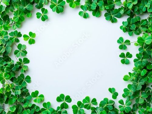 Green clover leaves are arranged along the edges of the image, forming a frame around a bright empty space in the center. The leaves have the characteristic shape of three petals.