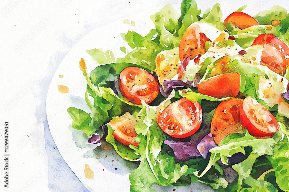 Watercolor drawing of a healthy salad white background Watercolor drawing of a healthy salad white background