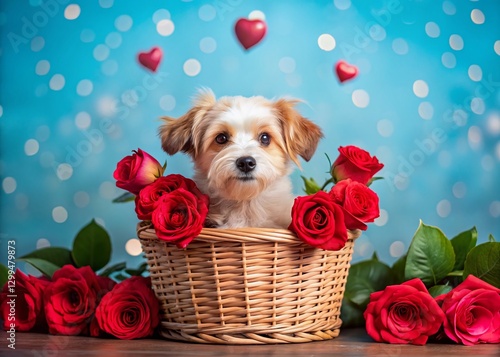 Cute Dog in Rose Basket Valentine's Day Gift – Pastel Background Stock Photo