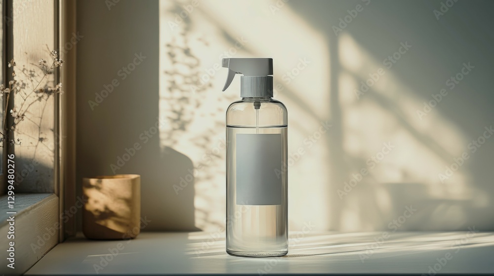 Minimalist cleaning spray bottle on a bright white windowsill with soft shadows