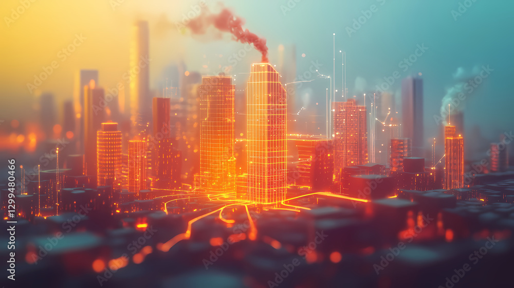 Obraz premium A smart grid system optimizing energy distribution in a city. Energy - Fire. Illustration