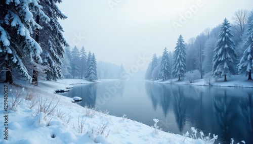 Wallpaper Mural Snowy forest landscape with frozen lake and trees covered in frost ,  peaceful,  icy,  serene Torontodigital.ca