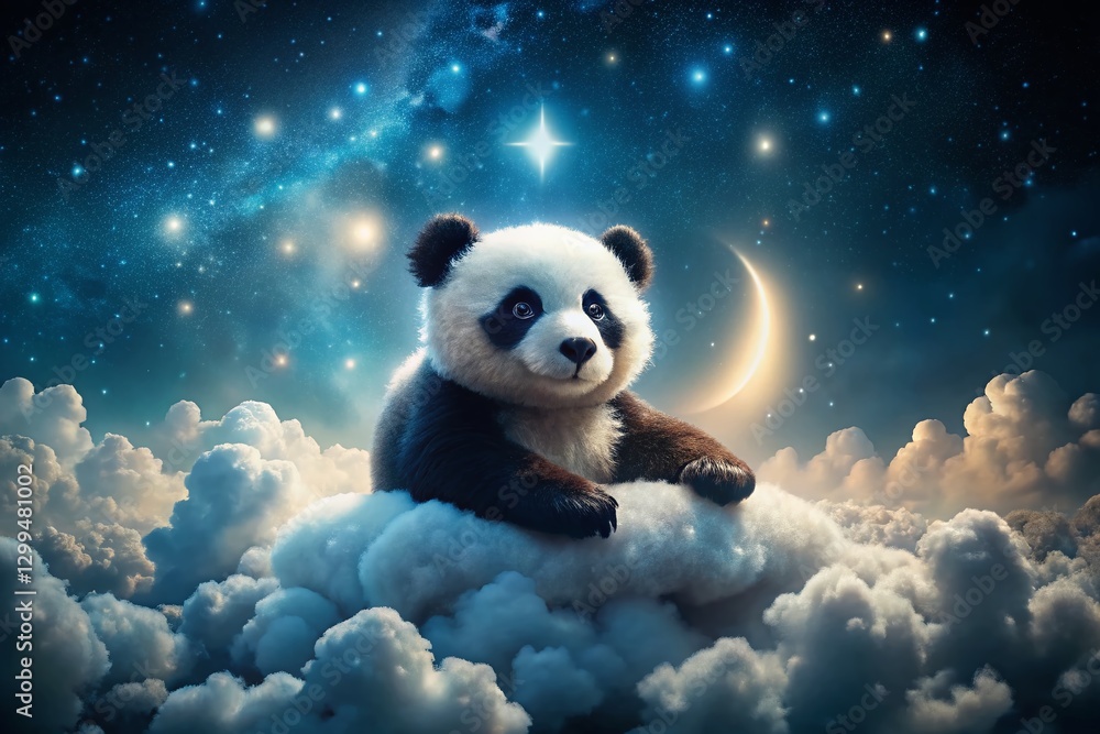 Cute Plush Panda Relaxing on Colorful Cloud, Starry Night Sky - Stock Photo Cute Plush Panda Relaxing on Colorful Cloud, Starry Night Sky - Stock Photo